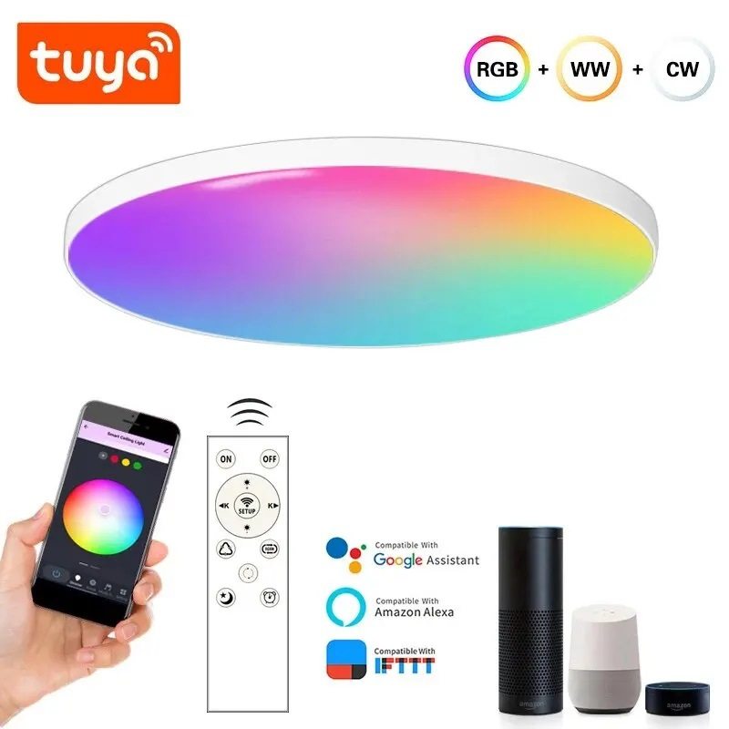 涂鸦WIFI智能吸顶灯Alexa语音控制Google简约款RGBCW七彩卧室灯