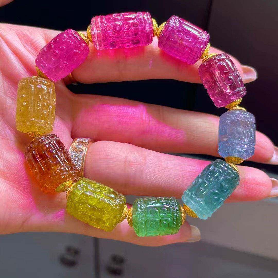 天然巴西彩虹回纹珠碧玺手链 宝石红双桃红金丝雀黄翡翠绿色