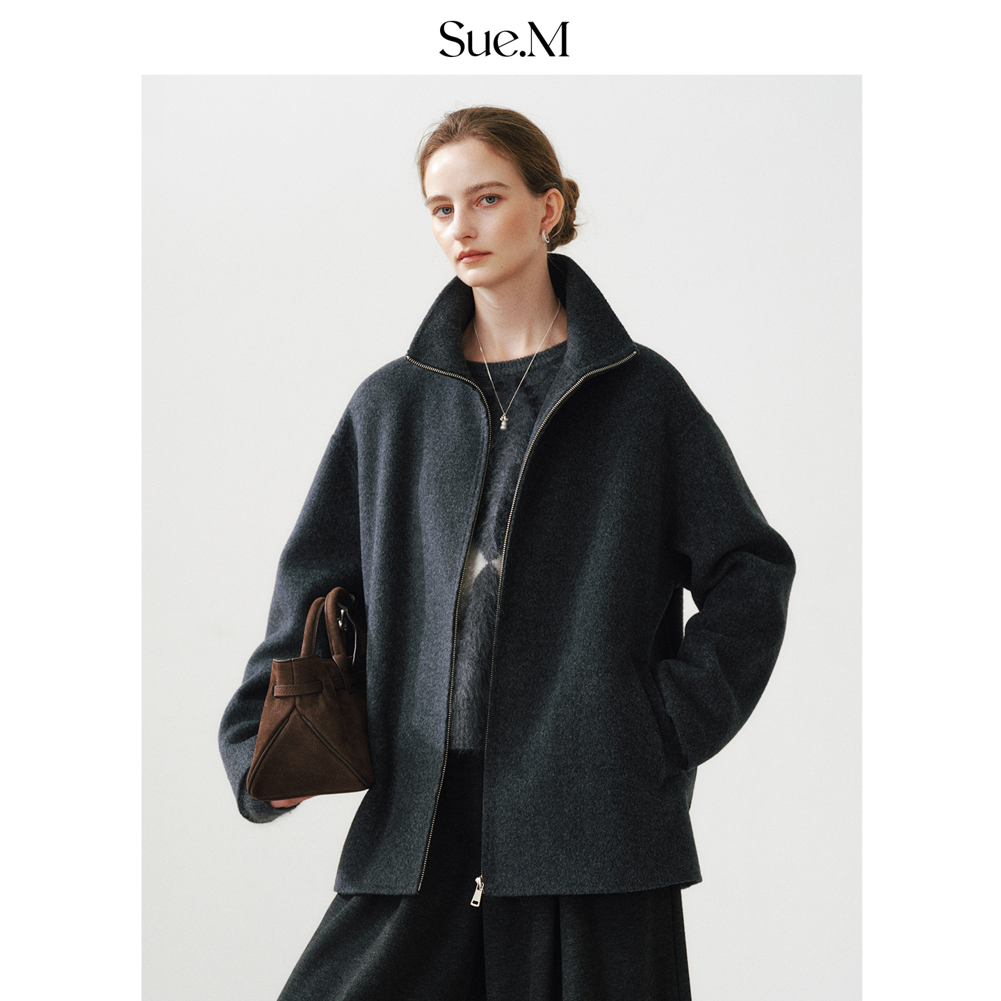 Sue.M 立领拉链夹克式毛呢大衣女25冬季新款羊毛羊绒微廓形外套女