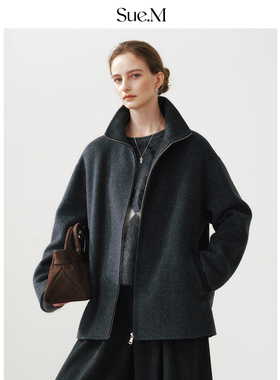 Sue.M 立领拉链夹克式毛呢大衣女25冬季新款羊毛羊绒微廓形外套女
