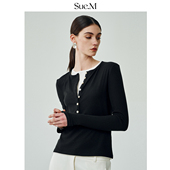 叠穿撞色螺纹亨利领长袖 Sue.M 奢选桑蚕丝 V领针织t恤女单穿时髦