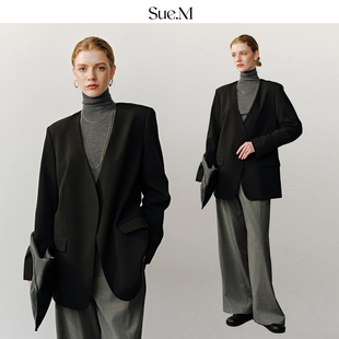 25秋冬进口美丽诺羊毛V型西服女 ROW风无领黑色西装 Sue.M 经典