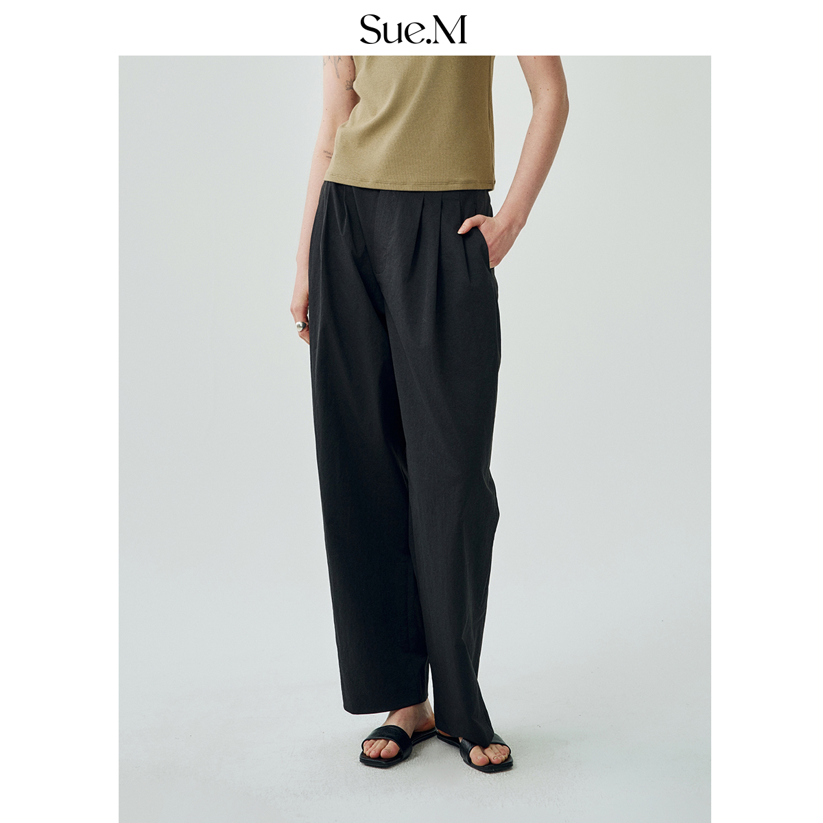 Sue.M 抗皱棉感黑色纸袋裤子阔腿裤女2025新款直筒裤高级感休闲裤
