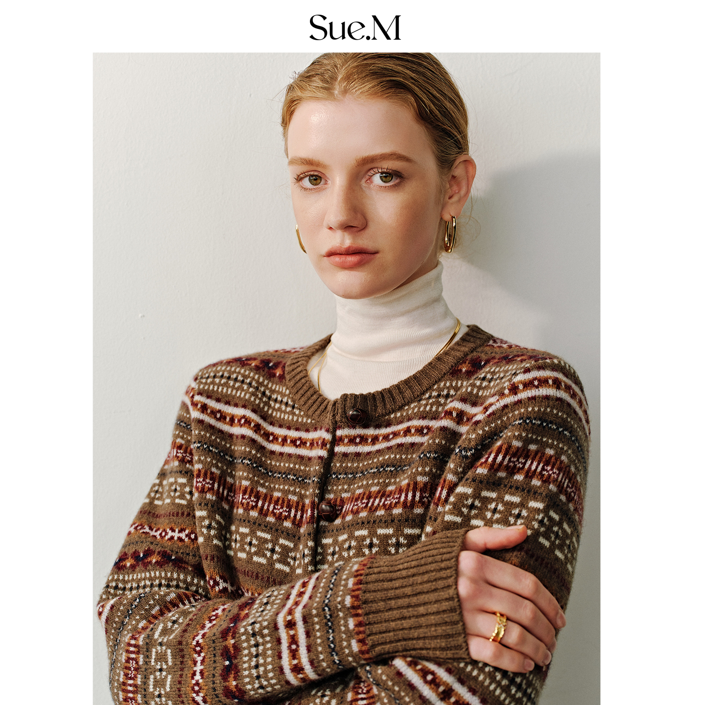 Sue.M 冰岛14行诗重工费尔岛100%羊毛彩条开衫25秋冬圆领针织衫女