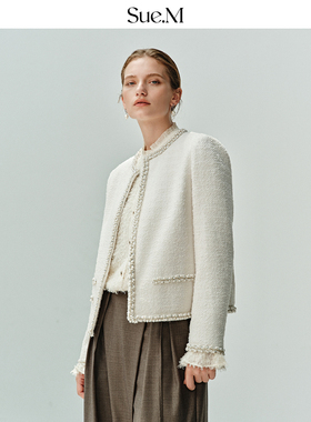 Sue.M 珍珠白月光小香风外套25秋 重工手工珍珠花边羊毛呢外套女
