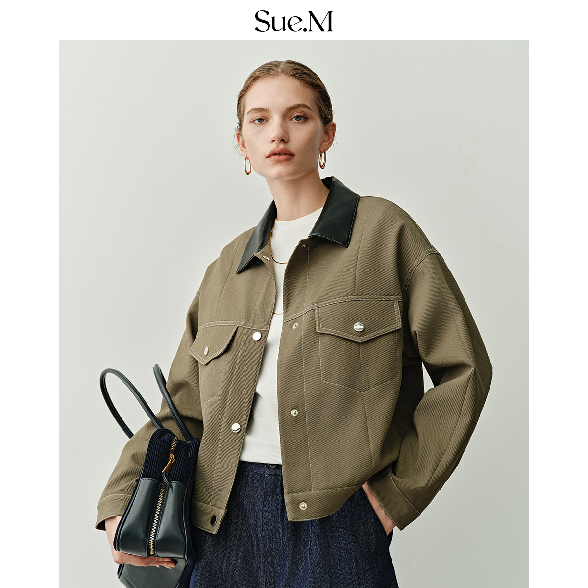 Sue.M 巴恩风拼皮撞色夹克25秋进口中空纱美式复古工装廓形外套女