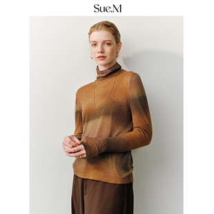 Sue.M进口水溶工艺复古印花160支纱线羊毛毛衣25秋冬软糯打底衫 女