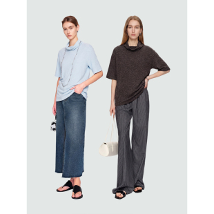 t恤 显瘦纸片人短袖 Sue.M 堆堆领肌理花纱亚麻纽结叠领t恤26春新款