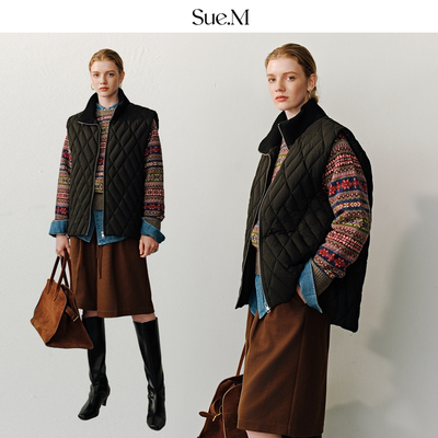 Sue.M 螺纹立领小菱形格宽肩90白鹅绒羽绒马甲25秋冬新款羽绒服女