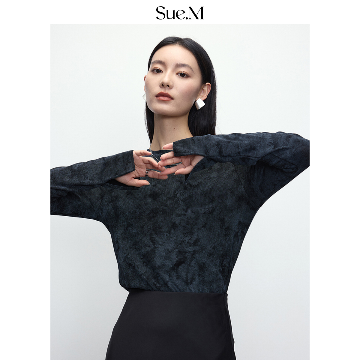 Sue.M三醋酸水墨画长袖T恤透气冰丝凉感T防晒衫设计师艺术打底衫
