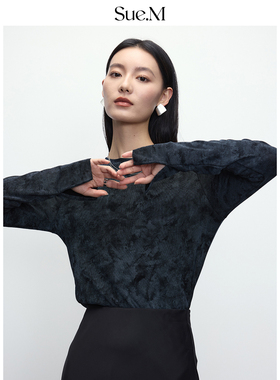 Sue.M三醋酸水墨画长袖T恤透气冰丝凉感T防晒衫设计师艺术打底衫
