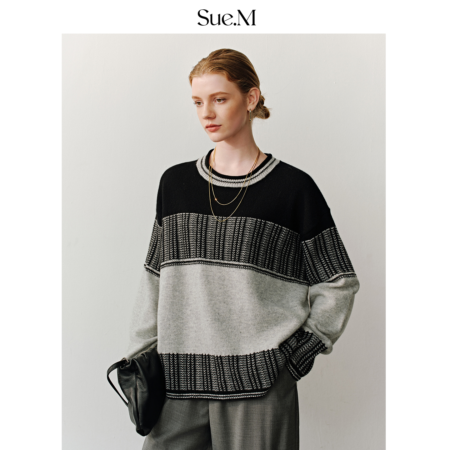 Sue.m 黑灰拼色费尔岛宽条提花羊毛毛衣25秋冬新款宽松圆领针织衫