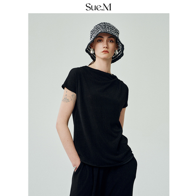 Sue.M 进口醋酸短袖打底衬衫女士高级感褶皱优雅肌理感纸片人小衫