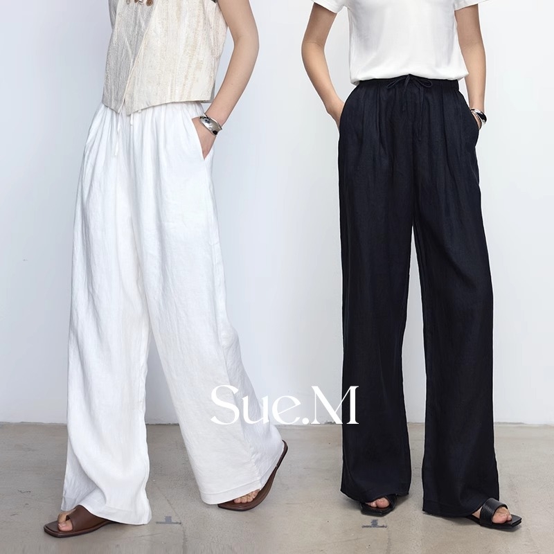 Sue.M 100%进口亚麻裤子白色老钱风松弛感阔腿裤宽松慵懒风套装女