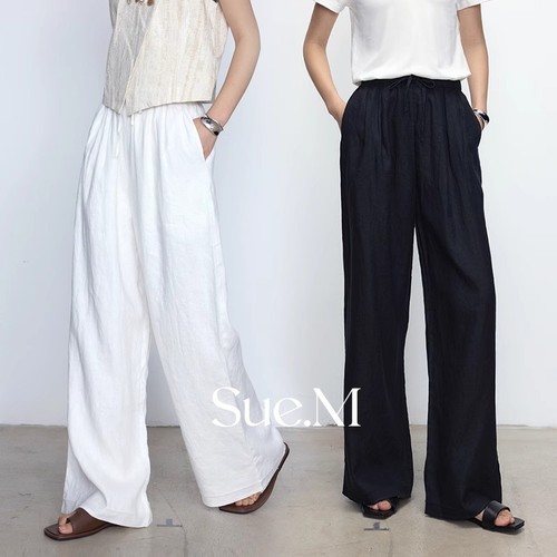Sue.M 100%进口亚麻裤子白色老钱风松弛感阔腿裤宽松慵懒风套装女