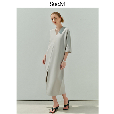Sue.M 日本进口清凉三醋酸双面乱麻極简蝙蝠袖宽松连衣裙女士