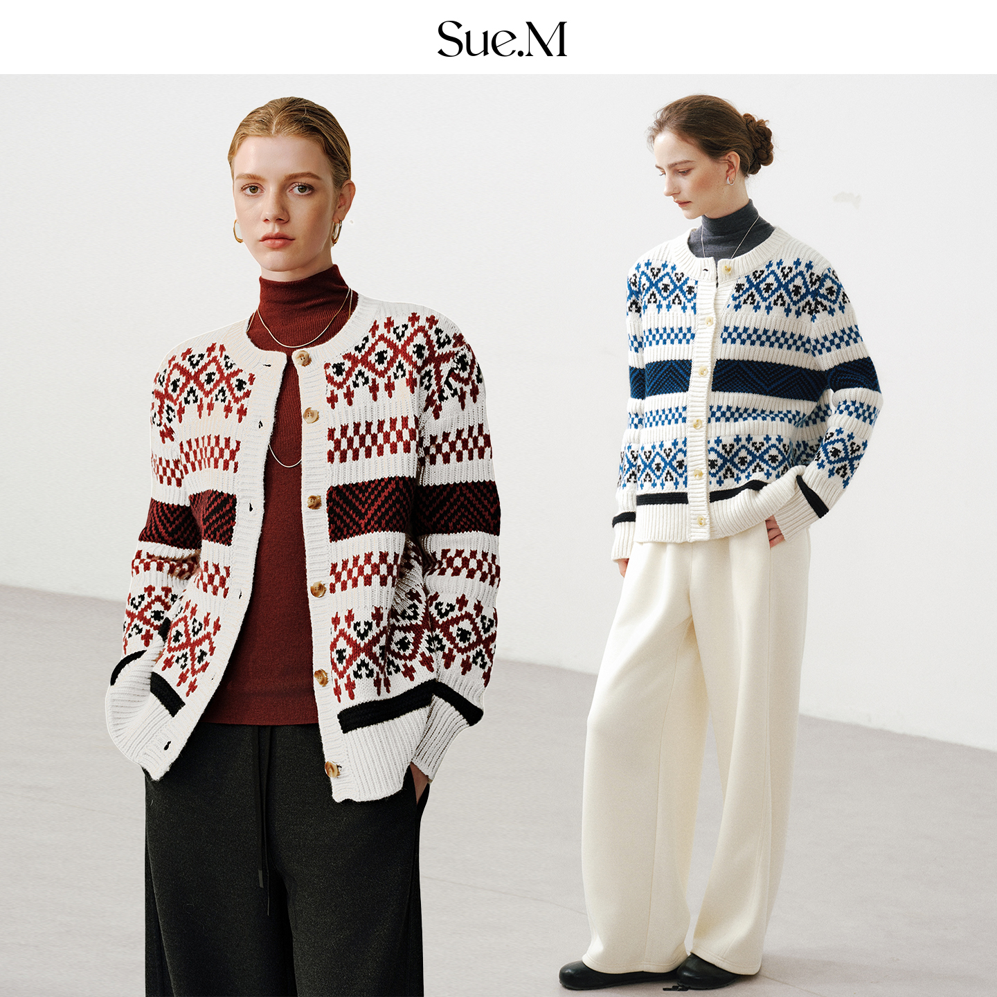 Sue.M 冰岛14行诗费尔岛羊毛混纺针织开衫25秋冬新款重工提花开衫