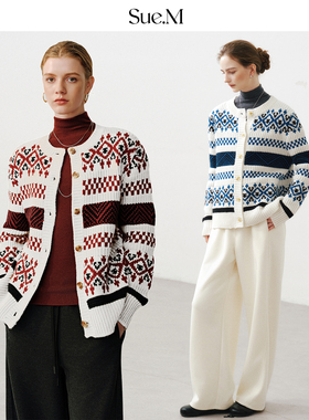 Sue.M 冰岛14行诗费尔岛羊毛混纺针织开衫25秋冬新款重工提花开衫