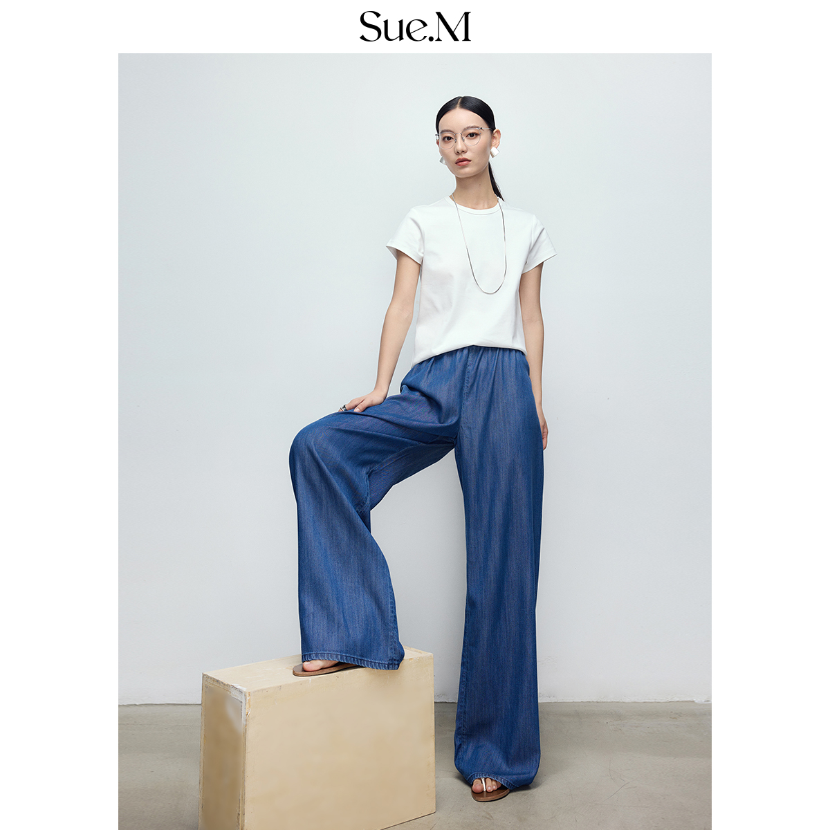 Sue.M 天丝牛仔蓝牛仔裤女超显瘦直筒阔腿裤女垂感百搭醋酸裤子女