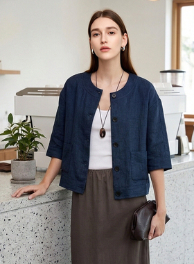 Sue.M 老钱风100%进口亚麻圆领小外套女26春松弛感五分袖通勤衬衫