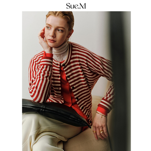 女 25秋德国biella扬子纱针织衫 Sue.M ROW风暖调红色条纹羊毛开衫