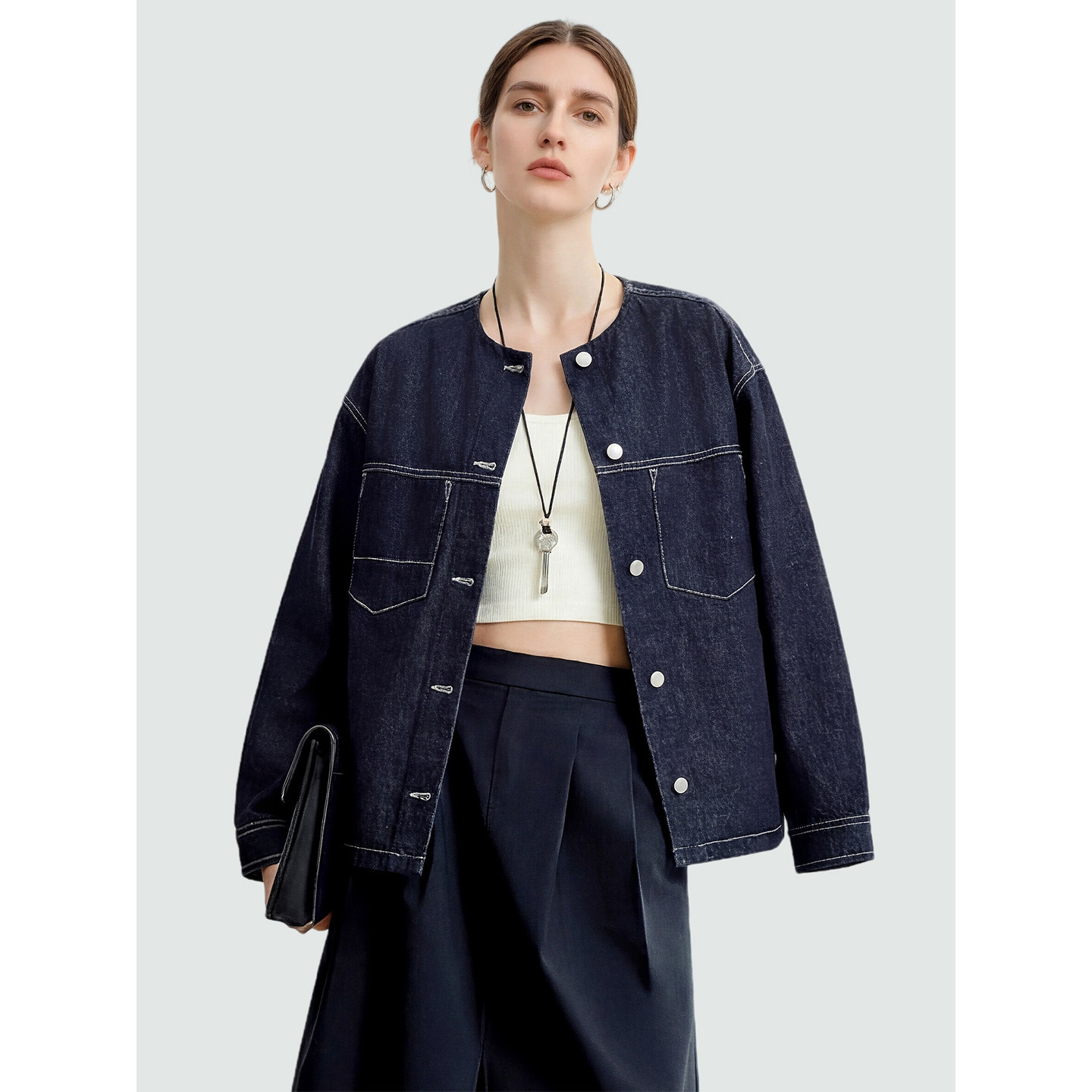 Sue.M ROW风圆领明线牛仔外套 26春新款工装透气通勤宽松短外套女,女装/女士精品,短外套,淘宝优惠券,粉丝福利购,淘宝优惠卷