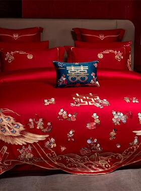 新中棉四长绒棉刺绣结婚式床上用品件STB套纯棉全绣花红色婚庆十