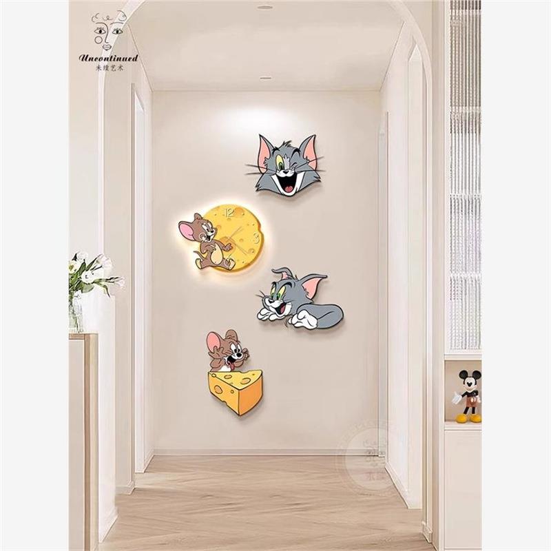 卡通猫和老鼠玄关装饰画走廊时钟带壁灯钟表餐厅挂画客厅挂钟壁画