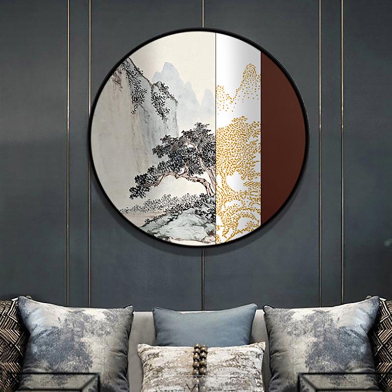 松柏之茂新中式装饰画圆形抽象山水松树画卧室床头挂画走廊壁画图片