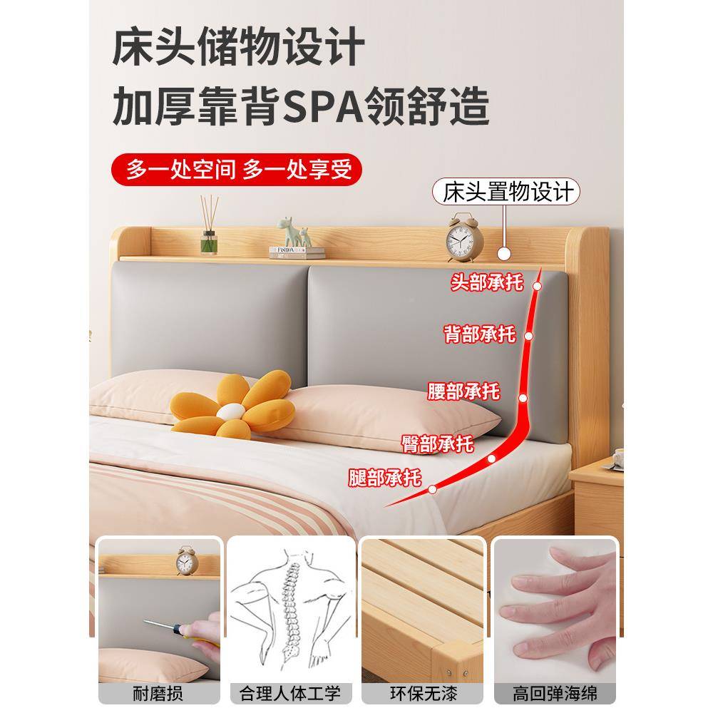 实木1床现代简约1人.8双床经5济型1.米软包单人床架出租房SGU用.