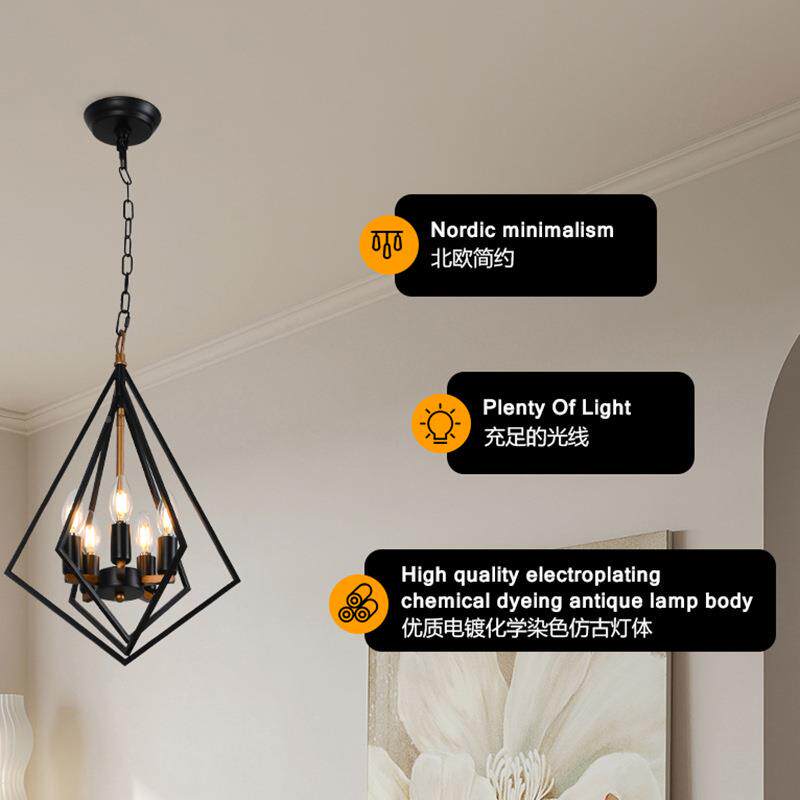 厅菱形吊铁灯餐美式简约笼复672古创意艺黑色灯客厅卧室书房灯