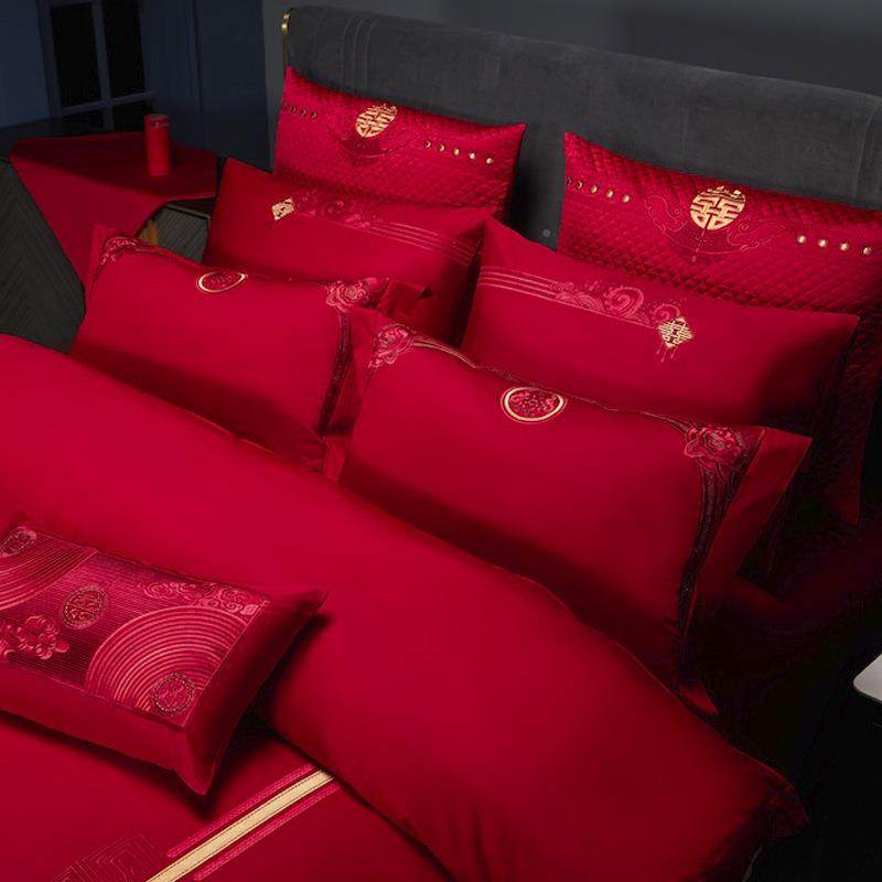 九狐婚庆家纺全大红色结喜婚床用品新婚棉四件套婚房布置步步DM10,床上用品,婚庆床品套件,淘宝优惠券,粉丝福利购,淘宝优惠卷