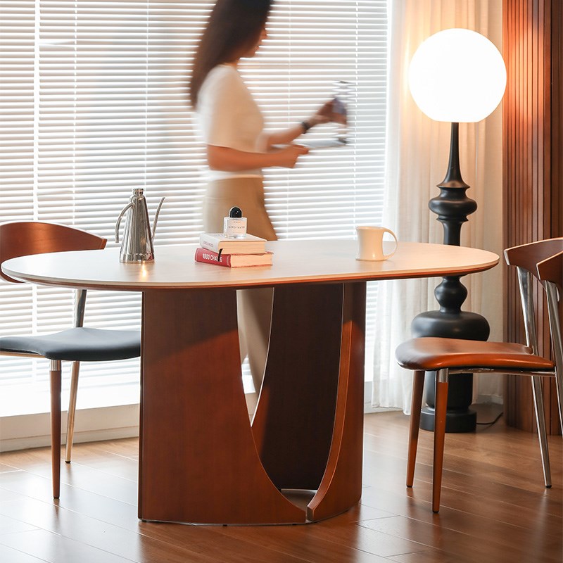 莱陌复古实木岩板餐桌家用客厅设计师中古桌子长方形饭桌