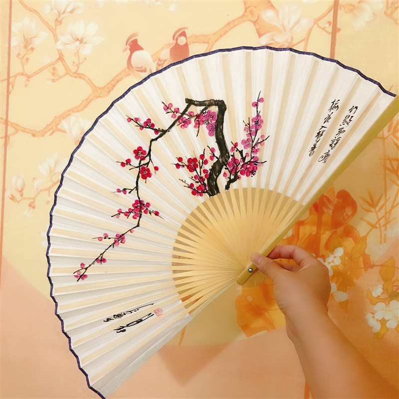 方记手绘 演出扇 戏曲 越剧  真丝绸折扇  梅花 方1度