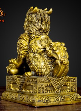 纯黄铜聚财纳福麒麟一对客厅办公室玄关酒柜招财桌面装饰礼品