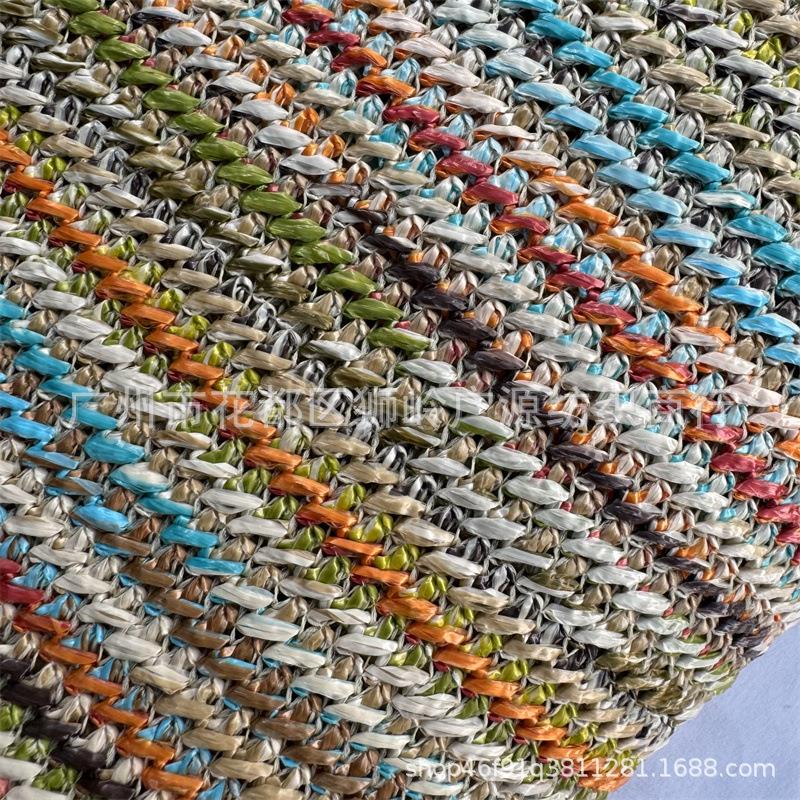 工厂直提销P7669P草编料彩虹条拼接勾织草花编包鞋材抱枕布