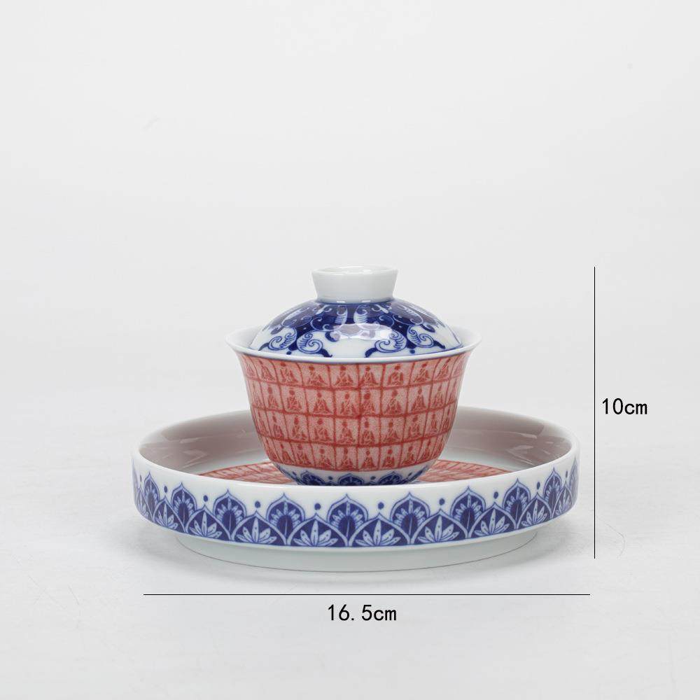 仿古青花釉中彩三才盖碗功夫茶具耙花千佛五佛缠枝莲泡茶碗壶承