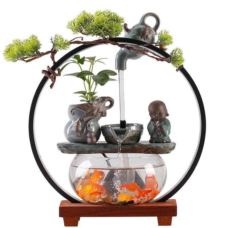 小型鱼缸桌面客厅电视柜招财流水摆件创意家居书桌装饰品开业礼品