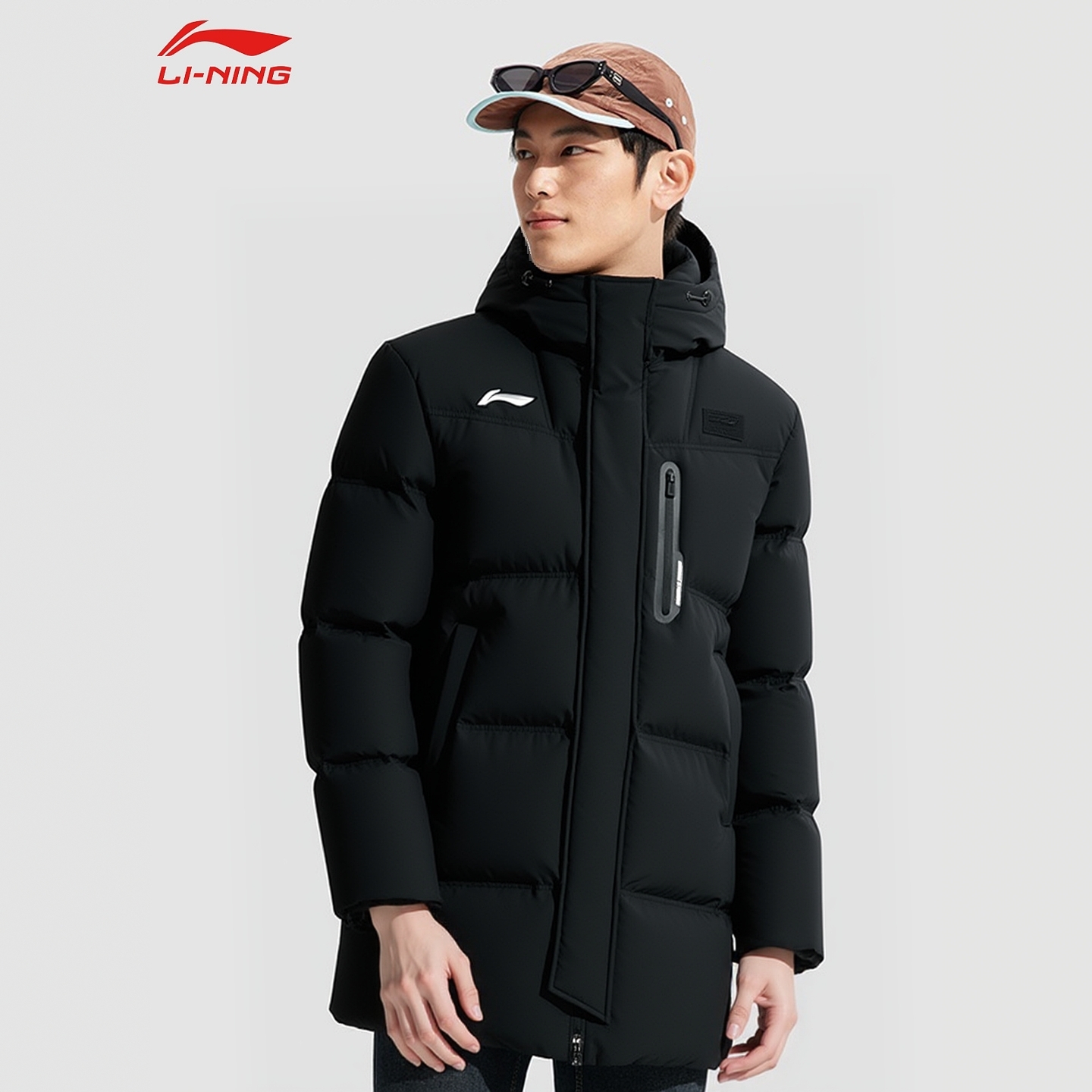李宁国旗中长羽绒服男冬季连帽防风保暖加厚休闲运动外套AYMV133