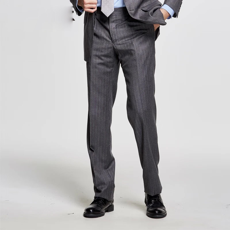 【吉家】男式免烫毛料轻商务直筒裤子休闲条纹羊毛西裤职业正装