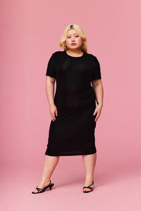 34三思大码女装 天丝羊毛针织可机洗圆领短袖T恤连衣裙SS2405全码