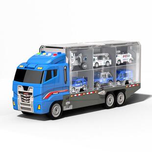 大号工程收纳货柜车儿童玩具警察车模型益智套装滑行弹射轨道