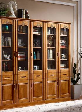 全实木书柜橡胶木书架橱带书玻璃门现代约简中式地文件柜纯YEN实