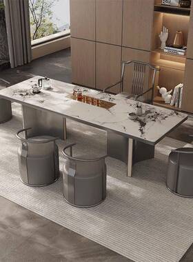 轻奢岩板茶椅组办合现代简约别墅奢石公茶几桌大板RZP茶茶台办公