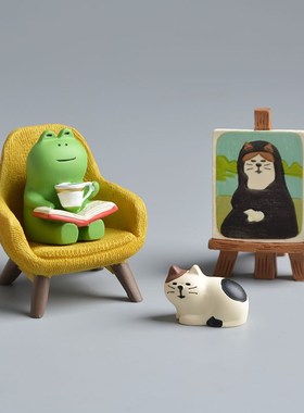 速发工房可爱画室猫咪摆件馆蛙青迷你微缩桌面树脂书艺装饰品