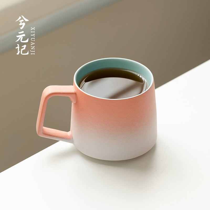 速发粉白粗陶咖啡杯高颜值马克杯喝水杯早餐杯个人杯子
