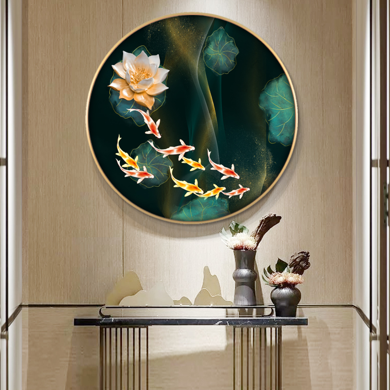 速发新中式装饰画入户玄关圆形壁画餐厅荷花九鱼图客厅卧室墙挂画图片