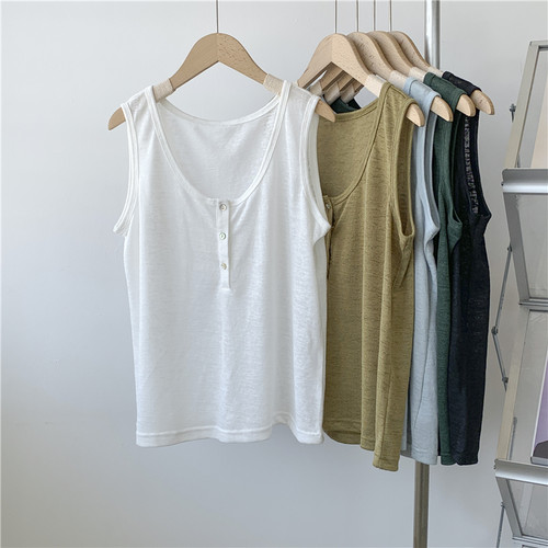 速发竹节棉贝壳钮扣无袖背心202夏4季薄款圆领宽松休心瑜伽背闲上