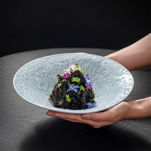 速发月款 盘深盘商用高级感热菜 中冷新球石头纹理小脚碗蓝色陶瓷式