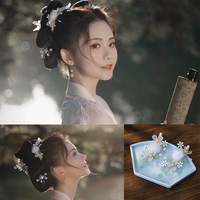 速发汉服发夹头饰对夹古风成人发饰流苏边夹国风仙气毛绒毛球古装